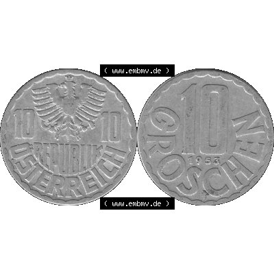 Alte Münze 10 / Zehn Groschen Österreich in s/w Schwarzweiß bzw. Graustufen Farbgebung von Scanner transparenten PNG 1951-2001, 10 Groschen 1953-01 Graustufen.... Sammlung