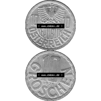 Alte Münze 10 / Zehn Groschen Österreich in s/w Schwarzweiß bzw. Graustufen Farbgebung von Scanner transparenten PNG 1951-2001, 10 Groschen 1971-01 Graustufen.... Sammlung