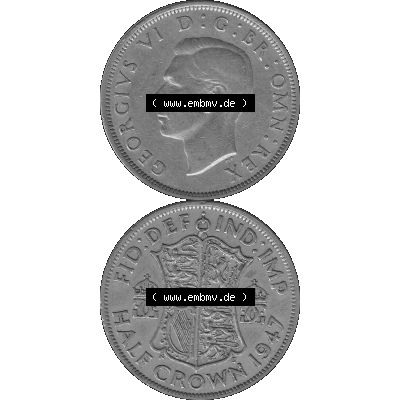 Alte Münze Großbritannien, Bild in s/w bzw. Graustufen PNG-Grafik 1947-1948, Halbe - 1/2 Krone, Half Crown 1947-01, George VI, FID DEF IND IMP HALF... Sammlung