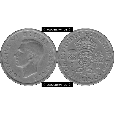 Alte Münze Großbritannien, Bild in s/w bzw. Graustufen PNG-Grafik, Umlaufmünze aus dem Zeitraum 1947-1948, 2 Schilling-Florin, Two Shillings, 1948-06,... Sammlung