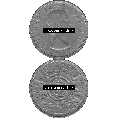 Alte Münze Großbritannien, Bild in s/w bzw. Graustufen PNG-Grafik, Umlaufmünze aus dem Zeitraum 1954-1970, 2 Schilling-Florin, Two Shillings, 1966-03... Sammlung