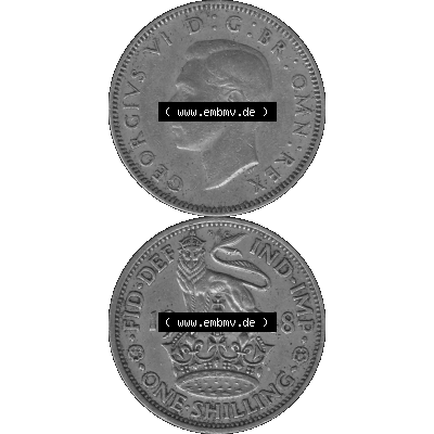 Alte Münze Großbritannien, Bild in s/w bzw. Graustufen PNG-Grafik 1947-1948, 1 One Schilling - One Shilling, 1948-05 Stehender gekrönter Löwe auf Krone... Sammlung