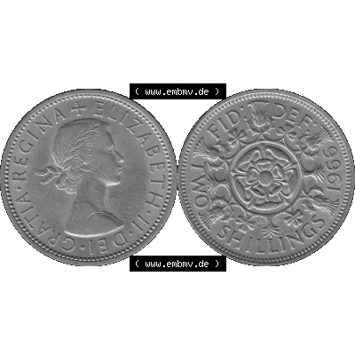 Alte Münze Großbritannien, Bild in s/w bzw. Graustufen PNG-Grafik, Umlaufmünze aus dem Zeitraum 1954-1970, 2 Schilling-Florin, Two Shillings, 1966-01... Sammlung
