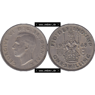 Alte Münze Großbritannien, Bild in Farbe bzw. Color PNG-Grafik 1947-1948, 1 One Schilling - One Shilling, 1948-01 Sitzender gekrönter Löwe auf Krone.... Sammlung