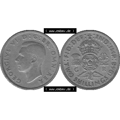 Alte Münze Großbritannien, Bild in s/w bzw. Graustufen PNG-Grafik, Umlaufmünze aus dem Zeitraum 1947-1948, 2 Schilling-Florin, Two Shillings, 1948-03,... Sammlung