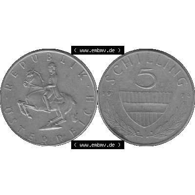Alte Münze 5 / Fünf Schilling Österreich in s/w Schwarzweiß bzw. Graustufen Farbgebung von Scanner transparenten PNG 1968-2001, 5 Schilling 1974-02, Reiter... Sammlung
