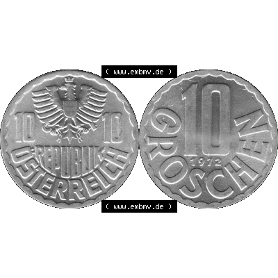 Alte Münze 10 / Zehn Groschen Österreich in s/w Schwarzweiß bzw. Graustufen Farbgebung von Scanner transparenten PNG 1951-2001, 10 Groschen 1972-01 Graustufen.... Sammlung