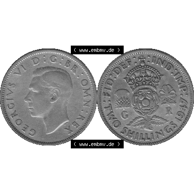 Alte Münze Großbritannien, Bild in s/w bzw. Graustufen PNG-Grafik, Umlaufmünze aus dem Zeitraum 1947-1948, 2 Schilling-Florin, Two Shillings, 1947-03,... Sammlung