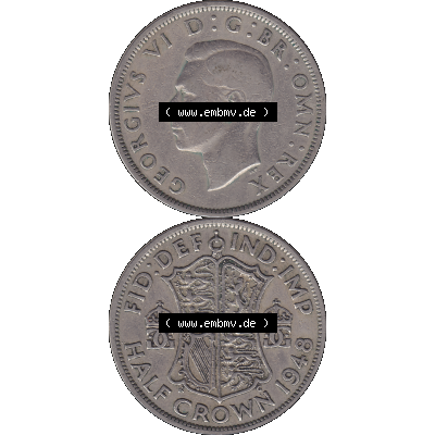 Alte Münze Großbritannien, Bild in Farbe bzw. Color PNG-Grafik 1947-1948, Halbe - 1/2 Krone, Half Crown 1948-02 , George VI, FID DEF IND IMP HALF CROWN.... Sammlung