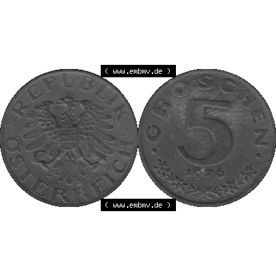 Alte Münzen Österreich 5 / Fünf Groschen in s/w / grau / Graustufen 1948-1994, 5 Groschen 1976-01 Graustufen. Vorderseite und Rückseite der Österreich... Sammlung