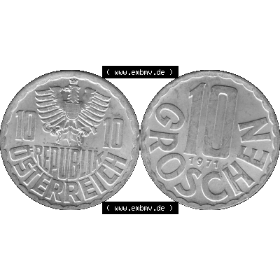 Alte Münze 10 / Zehn Groschen Österreich in s/w Schwarzweiß bzw. Graustufen Farbgebung von Scanner transparenten PNG 1951-2001, 10 Groschen 1971-01 Graustufen.... Sammlung
