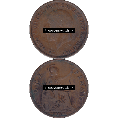 Alte Münze Großbritannien Umlaufmünze One Penny, 1 Pence 1928-1936, 1 One Penny, 1936-02 , George V. BM GEORGIVS V DEI GRABRITTOMNREX FIDDEFINDIMP.... Sammlung
