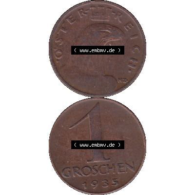 Alte Münze 1 / Ein Groschen Österreich in original Farbgebung von Scanner transparenten PNG 1925-1938, 1-Ein Groschen, Adlerkopf mit Mauerkrone 1935-01. Vorderseite und... Sammlung