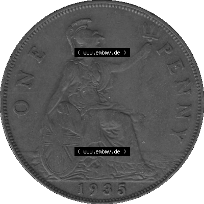 Alte Münze Großbritannien Umlaufmünze One Penny, 1 Pence 1928-1936, 1 One Penny, 1935-01, George V. BM GEORGIVS V DEI GRABRITTOMNREX FIDDEFINDIMP Graustufen.... Sammlung