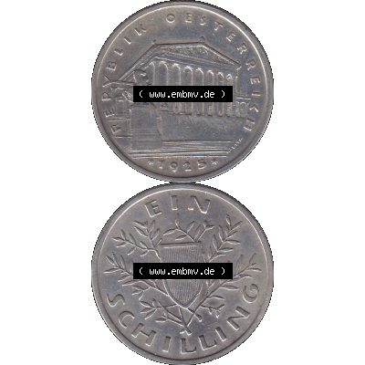 Alte Münzen Österreich Ein - 1 Schilling 1925-1932, 1 Schilling 1925-01 Silbermünze Parlamentsgebäude in Wien, Bindenschild 6 Gramm 640er Silber. Vorderseite und... Sammlung