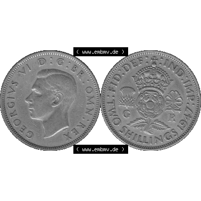 Alte Münze Großbritannien, Bild in s/w bzw. Graustufen PNG-Grafik, Umlaufmünze aus dem Zeitraum 1947-1948, 2 Schilling-Florin, Two Shillings, 1947-04,... Sammlung