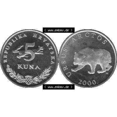 Alte Münze Kroatien Umlaufmünze 1994-2022, 5 Kuna 2000-01 Graustufen Graustufen. Vorderseite und Rückseite der kroatischen Münze / Kursmünze, vertikal auf... Sammlung