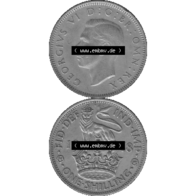 Alte Münze Großbritannien, Bild in s/w bzw. Graustufen PNG-Grafik 1947-1948, 1 One Schilling - One Shilling, 1948-06 Stehender gekrönter Löwe auf Krone... Sammlung
