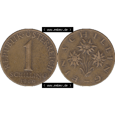 Alte Münzen Österreich 1 / Ein Schilling 1959-2001, 1 Schilling 1960-01, Ein Shilling Edelweiß. Vorderseite und Rückseite der 1 / Ein Schilling Münze... Sammlung