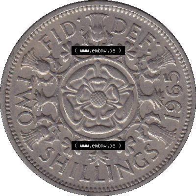 Alte Münze Großbritannien, Bild in Farbe bzw. Color PNG-Grafik, Umlaufmünze aus dem Zeitraum 1954-1970, 2 Schilling-Florin, Two Shillings, 1965-01 ELIZABETH... Sammlung