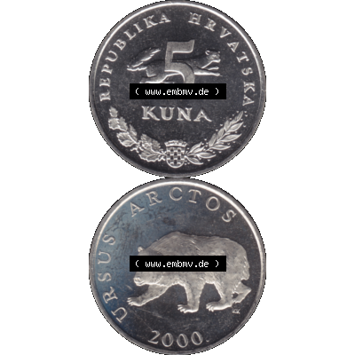 Alte Münze Kroatien Umlaufmünze 1994-2022, 5 Kuna 2000-01. Vorderseite und Rückseite der Umlaufmünze / Kursmünze / Münze aus dem Zeitraum 1993-2022 Kroatien,... Sammlung