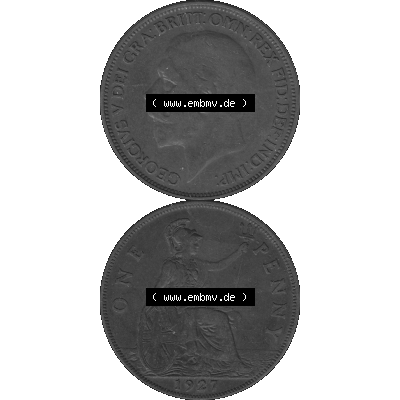 Alte Münze Großbritannien Umlaufmünze One Penny, 1 Pence 1927-1927, 1 One Penny, 1927-01, George V, BM GEORGIVS V DEI GRABRITTOMNREX FIDDEFINDIMP Graustufen.... Sammlung