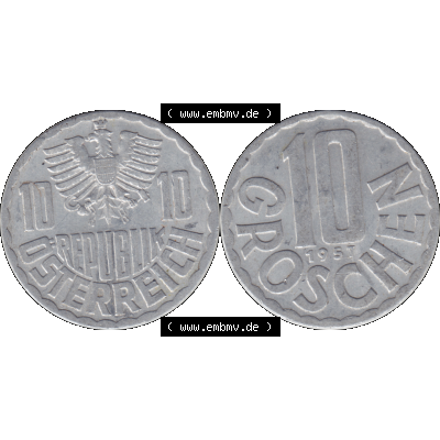 Alte Münze 10 / Zehn Groschen Österreich in original Farbgebung von Scanner transparenten PNG 1951-2001, 10 Groschen 1957-01. Vorderseite und Rückseite der 10 / Zehn... Sammlung