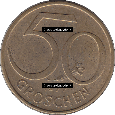 Alte Münze 50 / Fünfzig Groschen Österreich in original Farbgebung von Scanner transparenten PNG 1959-2001, 50 Groschen 1977-01, Bindenschild. Rückseite der alten... Sammlung