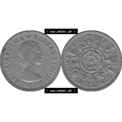Alte Münze Großbritannien, Bild in s/w bzw. Graustufen PNG-Grafik, Umlaufmünze aus dem Zeitraum 1954-1970, 2 Schilling-Florin, Two Shillings, 1961-03... Sammlung