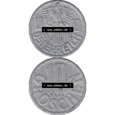 Alte Münze 10 / Zehn Groschen Österreich in original Farbgebung von Scanner transparenten PNG 1951-2001, 10 Groschen 1952-02. Vorderseite und Rückseite der Kursmünze... Sammlung