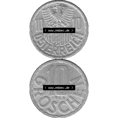 Alte Münze 10 / Zehn Groschen Österreich in s/w Schwarzweiß bzw. Graustufen Farbgebung von Scanner transparenten PNG 1951-2001, 10 Groschen 1968-01 Graustufen.... Sammlung