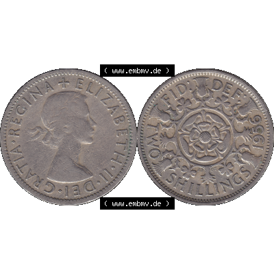 Alte Münze Großbritannien, Bild in Farbe bzw. Color PNG-Grafik, Umlaufmünze aus dem Zeitraum 1954-1970, 2 Schilling-Florin, Two Shillings, 1956-01 ELIZABETH... Sammlung