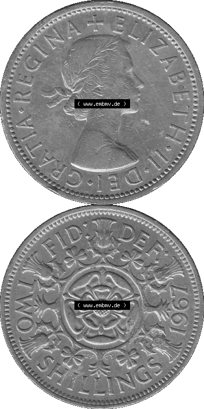 Alte Münze Großbritannien, Bild in s/w bzw. Graustufen PNG-Grafik, Umlaufmünze aus dem Zeitraum 1954-1970, 2 Schilling-Florin,... Sammlung