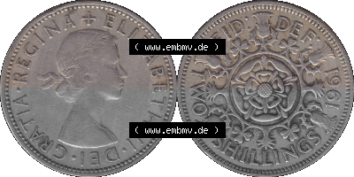 Alte Münze Großbritannien, Bild in Farbe bzw. Color PNG-Grafik, Umlaufmünze aus dem Zeitraum 1954-1970, 2 Schilling-Florin,... Sammlung