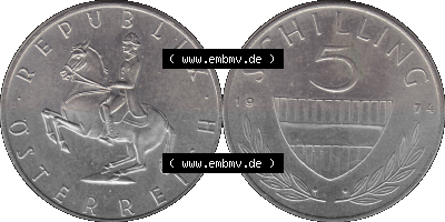 5 / Fünf Schilling Österreich in original Farbgebung von Scanner transparenten PNG 1968-2001, 5 Schilling 1974 (Stück 1), Reiter... Sammlung