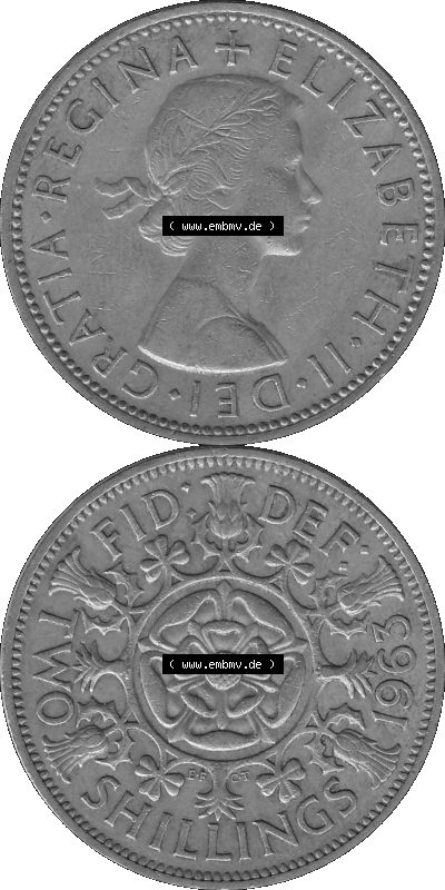 Alte Münze Großbritannien, Bild in s/w bzw. Graustufen PNG-Grafik, Umlaufmünze aus dem Zeitraum 1954-1970, 2 Schilling-Florin,... Sammlung