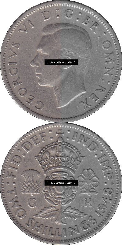 Alte Münze Großbritannien, Bild in Farbe bzw. Color PNG-Grafik, Umlaufmünze aus dem Zeitraum 1947-1948, 2 Schilling-Florin,... Sammlung