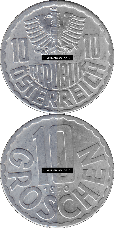 10 / Zehn Groschen Österreich in original Farbgebung von Scanner transparenten PNG 1951-2001, 10 Groschen 1970 (Stück 1) Sammlung