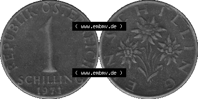 Österreich 1 / Ein Schilling in Graustufen 1959-2001, 1 Schilling 1971 (Stück 1), Ein Shilling Edelweiß Graustufen Sammlung