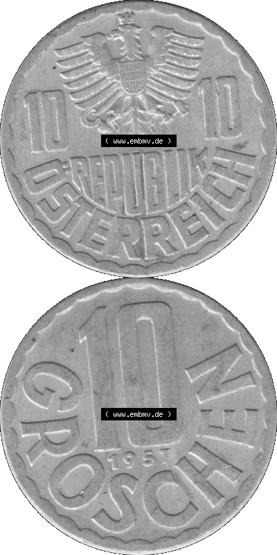 10 / Zehn Groschen Österreich in s/w Schwarzweiß bzw. Graustufen Farbgebung von Scanner transparenten PNG 1951-2001, 10 Groschen... Sammlung