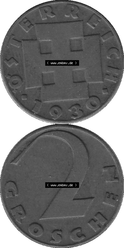 2 / Zwei Groschen Österreich in s/w Schwarzweiß bzw. Graustufen Farbgebung von Scanner transparenten PNG 1925-1938, 2 Zwei Groschen,... Sammlung