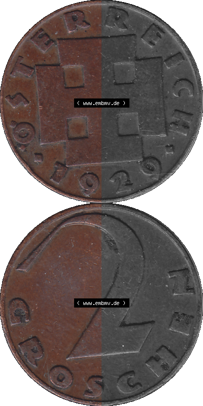 2 / Zwei Groschen Österreich in original Farbgebung von Scanner transparenten PNG 1925-1938, 2 Zwei Groschen, Krückenkreuz 1929... Sammlung