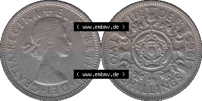 Alte Münze Großbritannien, Bild in Farbe bzw. Color PNG-Grafik, Umlaufmünze aus dem Zeitraum 1954-1970, 2 Schilling-Florin,... Sammlung