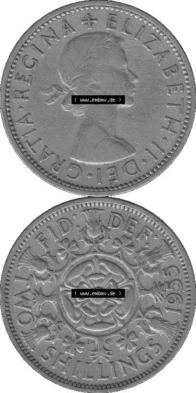 Alte Münze Großbritannien, Bild in s/w bzw. Graustufen PNG-Grafik, Umlaufmünze aus dem Zeitraum 1954-1970, 2 Schilling-Florin,... Sammlung
