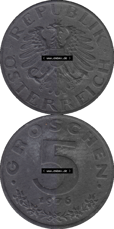 Österreich 5 / Fünf Groschen in Farbe/Color 1948-1994, 5 Groschen 1976 (Stück 1) Sammlung