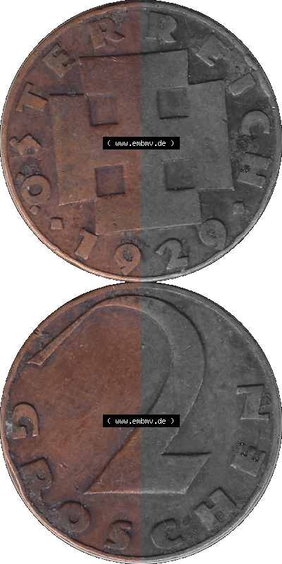 2 / Zwei Groschen Österreich in original Farbgebung von Scanner transparenten PNG 1925-1938, 2 Zwei Groschen, Krückenkreuz 1929... Sammlung