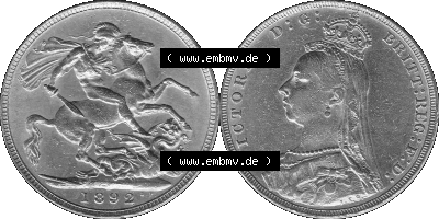 Alte Goldmünze Großbritannien Bilder in s/w bzw. Graustufen 1887-1892, 1 Pfund Sovereign 1892 (Stück 1) Graustufen Sammlung