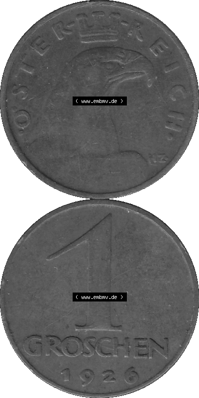 1 / Ein Groschen Österreich in s/w Schwarzweiß bzw. Graustufen Farbgebung von Scanner transparenten PNG 1925-1938, 1-Ein Groschen,... Sammlung