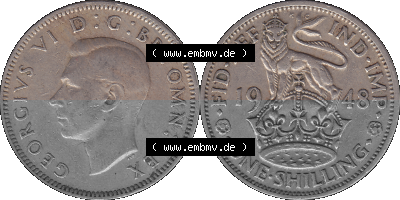 Alte Münze Großbritannien, Bild in Farbe bzw. Color PNG-Grafik 1947-1948, 1 One Schilling - One Shilling, 1948 (Stück 8) Stehender... Sammlung