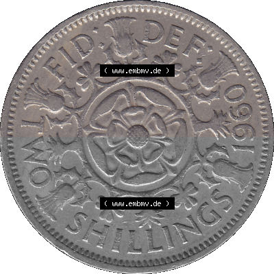 Alte Münze Großbritannien, Bild in Farbe bzw. Color PNG-Grafik, Umlaufmünze aus dem Zeitraum 1954-1970, 2 Schilling-Florin,... Sammlung